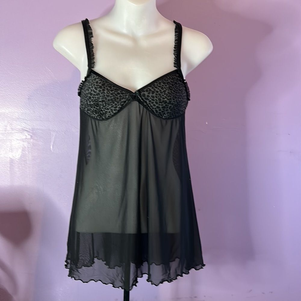 Gilligan & O'Malley S Babydoll Nightie Black/Purple Animal Print Sheer Sexy